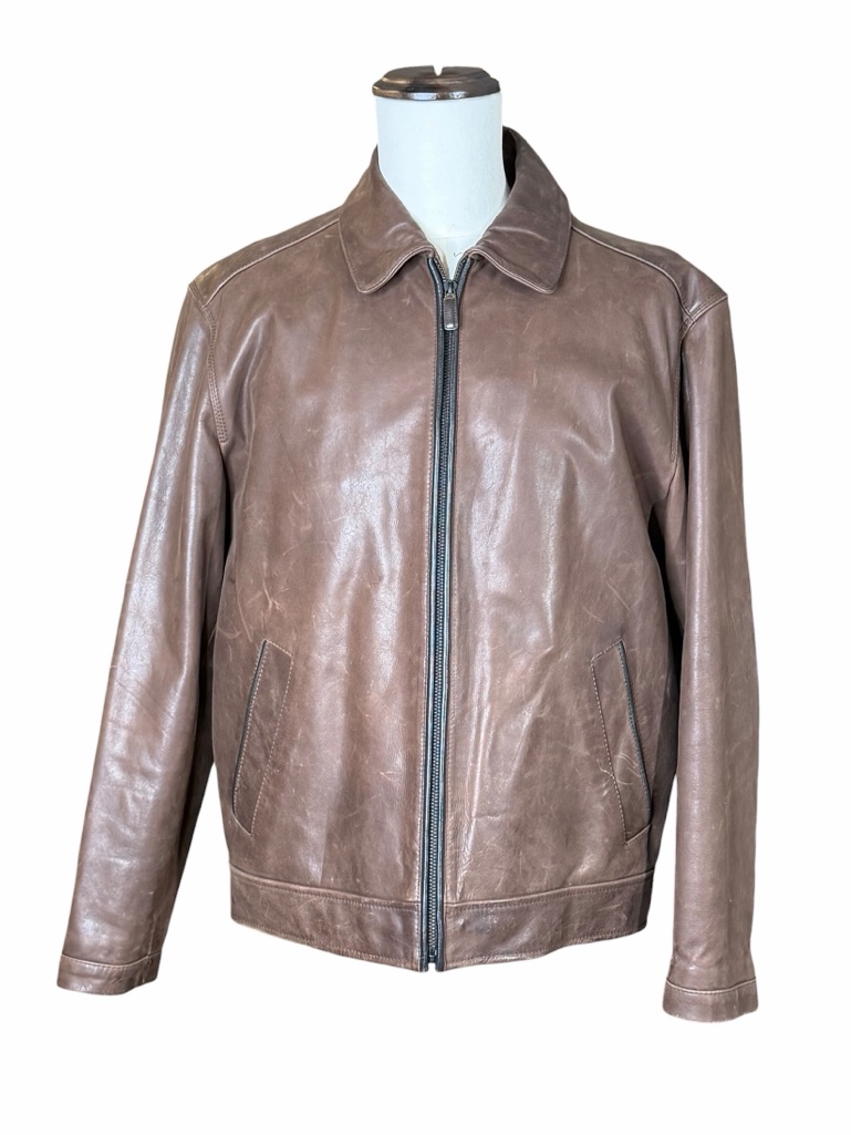 Cremieux Collection Brown Genuine Leather Bomber Jacket - Size Large